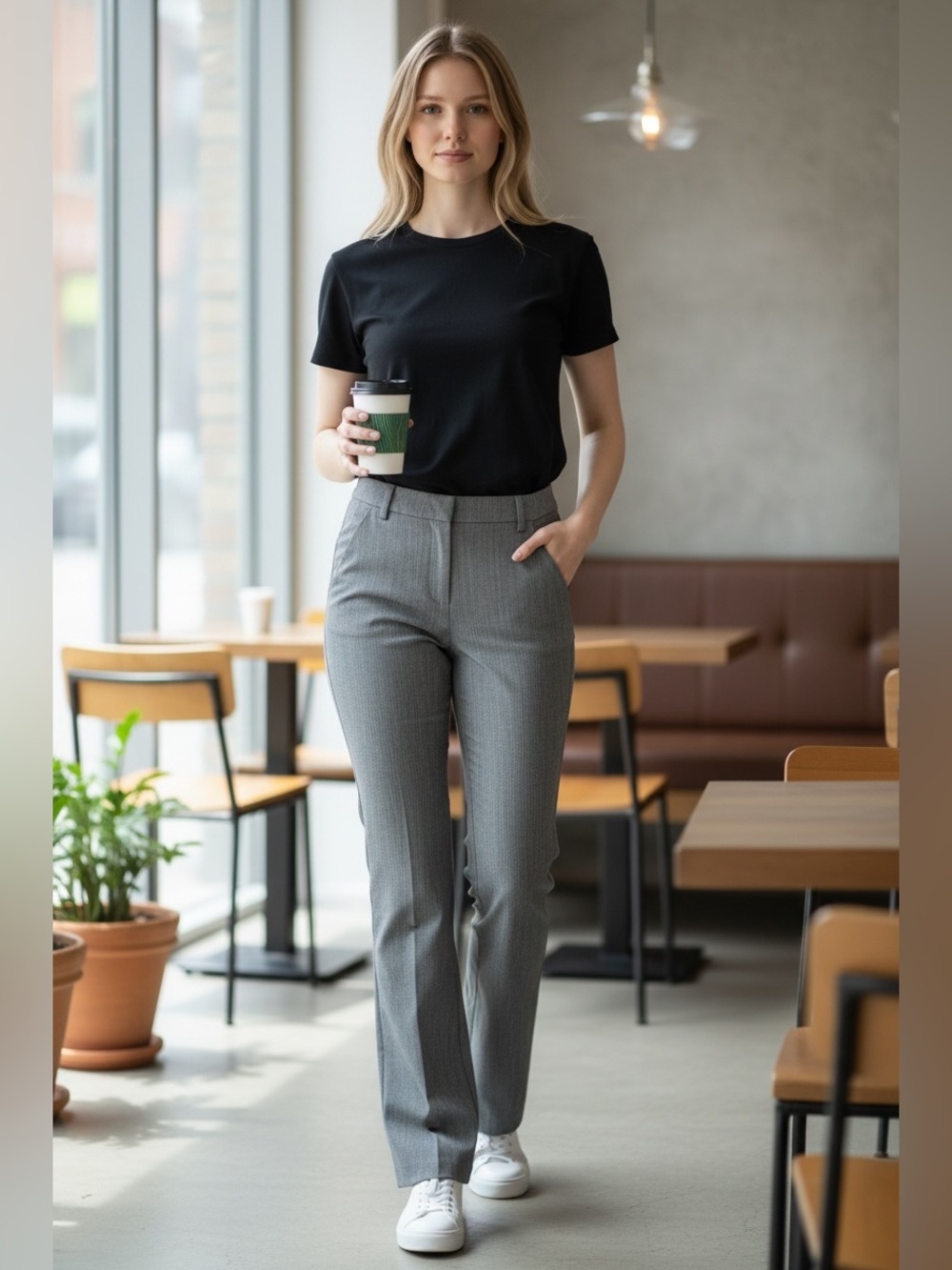 New York & Company Black Top with Gray Straight-Leg Pants